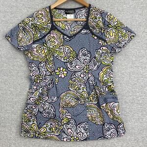 Runway by Cherokee Scrub Top Womens XS Gray Yellow Butterfly Fitted Healthcare